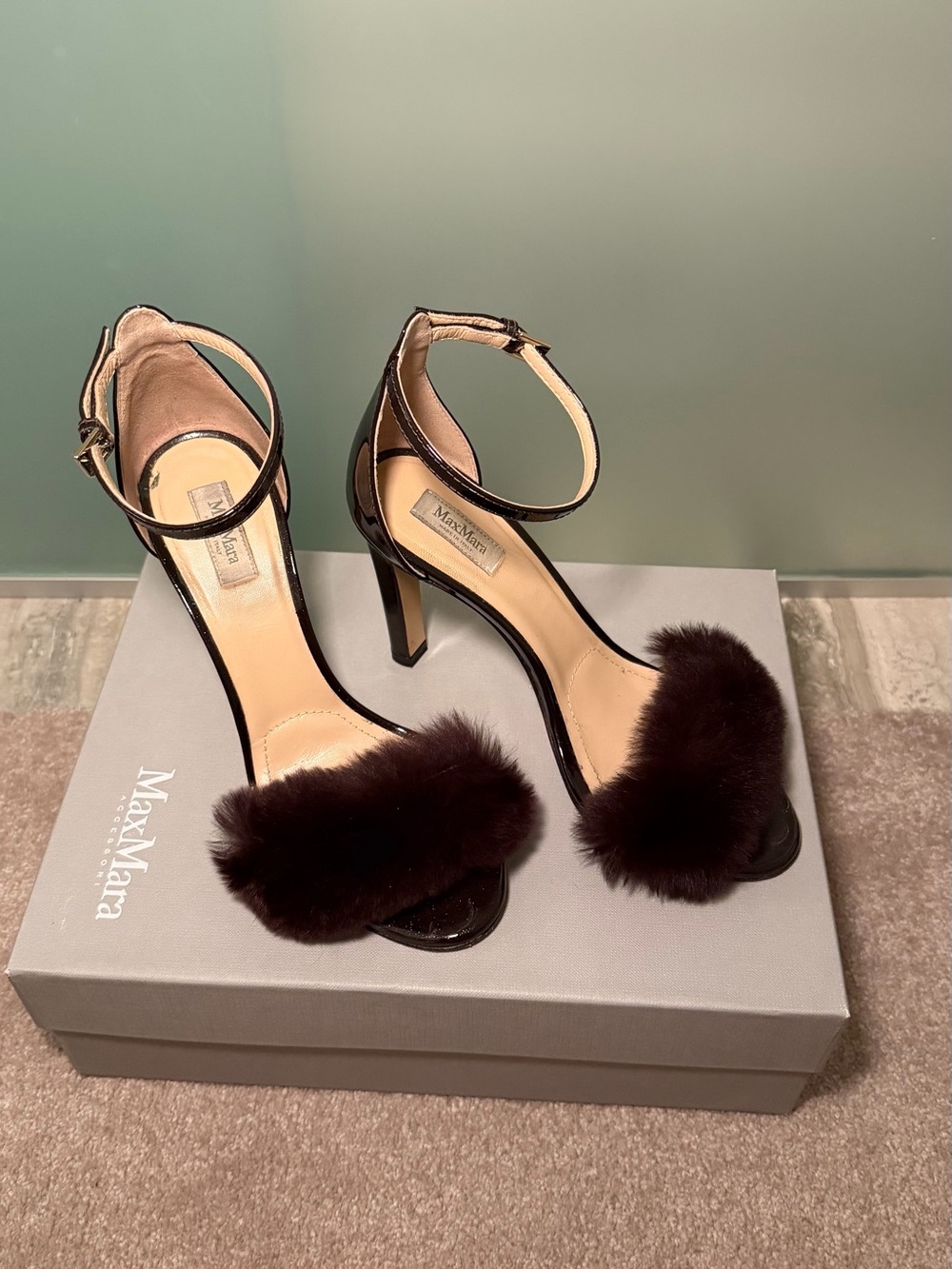 MaxMara Dark Brown Fur-Trim Ankle Strap Heels